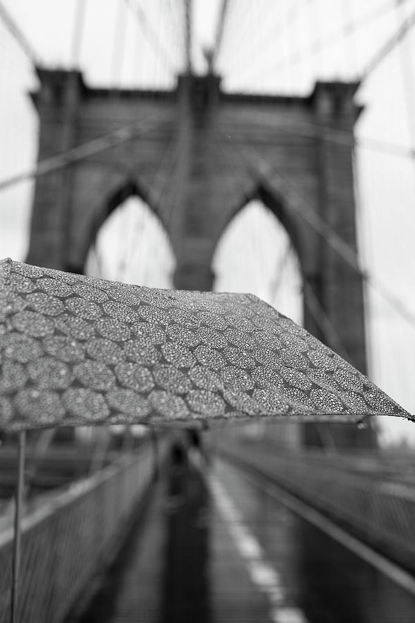 Rainy Day on the Brooklyn Bridge Brooklyn New York Cables Umbrella Black and White Photograph by Toby McGuire