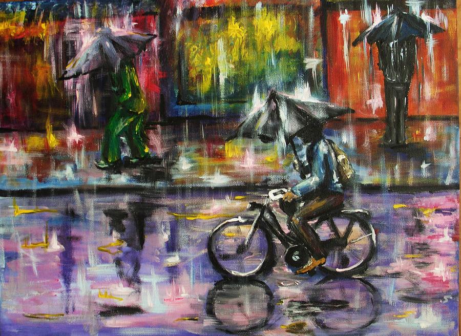 Umbrella Painting - Rainy day original painting by Natalja Picugina