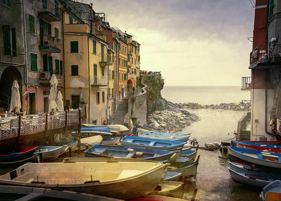Boat Photograph - Rainy Day Riomaggiore Cinque Terre Italy by Joan Carroll