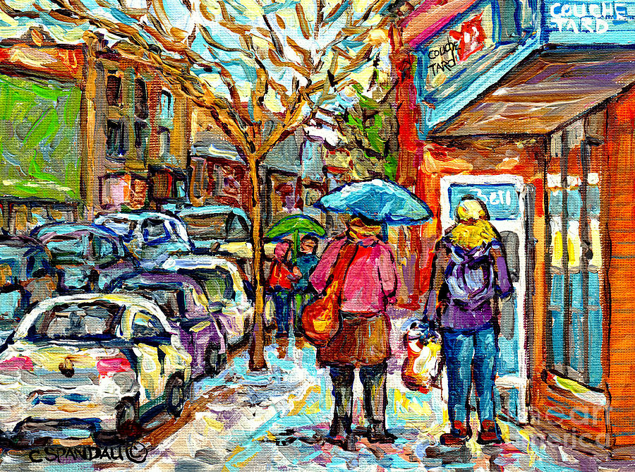 Sign Painting - Rainy Day Stroll Couche Tard Wellington Verdun Streetscene Painting C Spandau Artist Montreal Art    by Carole Spandau