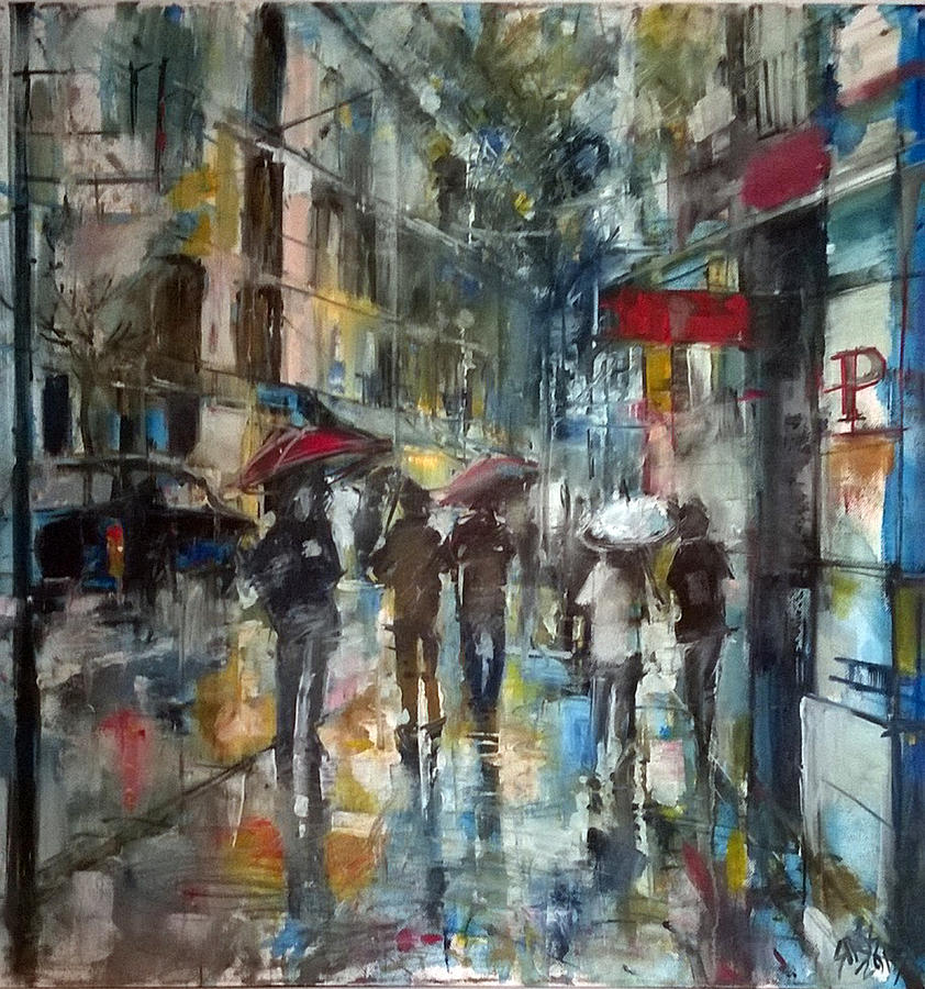 Rainy downtown. Painting by Lorand Sipos