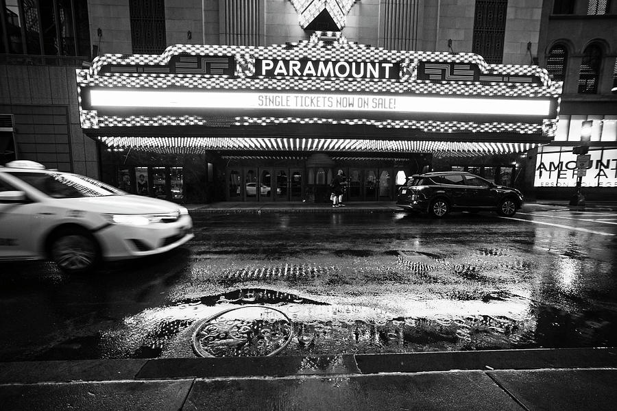 Rainy night at the Paramount Boston MA Washington Street Black and White Photograph by Toby McGuire