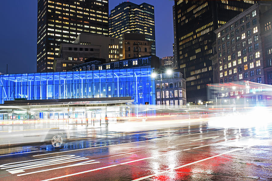 Rainy Night in Boston MA Government Center City Hall Photograph by Toby McGuire