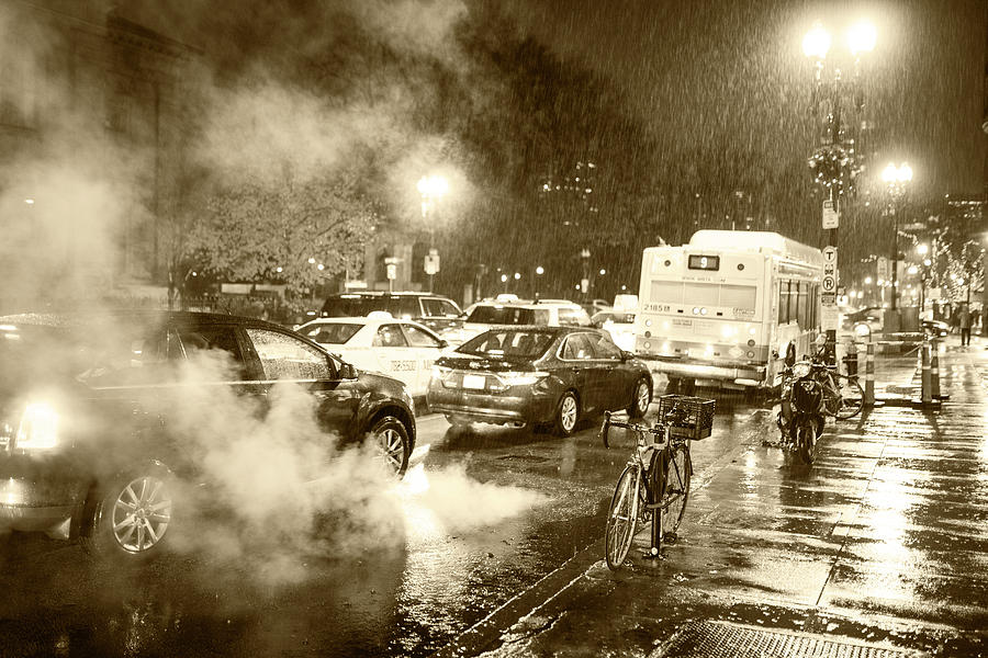 Rainy Night in Boston MA Steamy Street Sepia Photograph by Toby McGuire