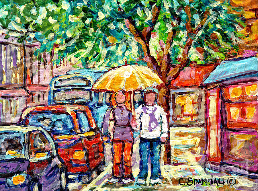 Rainy Verdun Streets Painting Yellow Umbrella Walking By Shops Canadian Artist Carole Spandau Quebec Painting by Carole Spandau