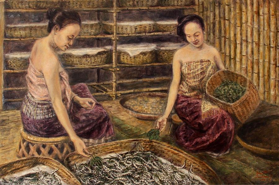 Raising Silkworms  Painting by Sompaseuth Chounlamany