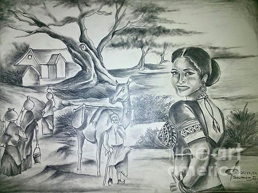 Original Indian Rajasthani Pencil Sketch Drawing Painting Village Woman |  eBay