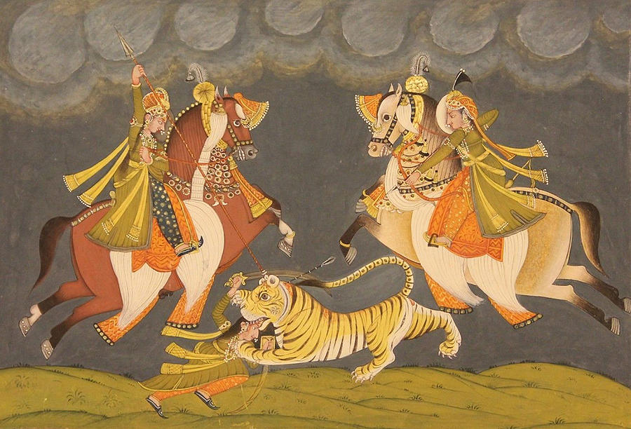 Rajput Queen Hunting Tiger Forest Scene, Indian Miniature Watercolor Painting India Painting by A K Mundra
