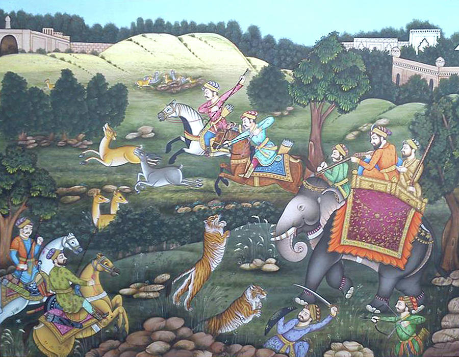 Rajput Royal King Miniature Painting Indian Artwork Animal Hunting Forest Scene,Watercolor  Painting Painting by M B Sharma