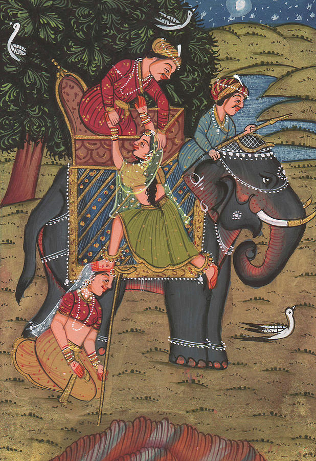 Rajput Royal King Vintage Art Miniature Forest Picnic Elephant Ride Watercolor Artwork India  Painting by M B Sharma