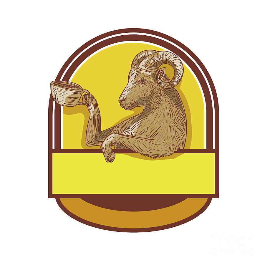 Coffee Digital Art - Ram Goat Drinking Coffee Crest Drawing by Aloysius Patrimonio