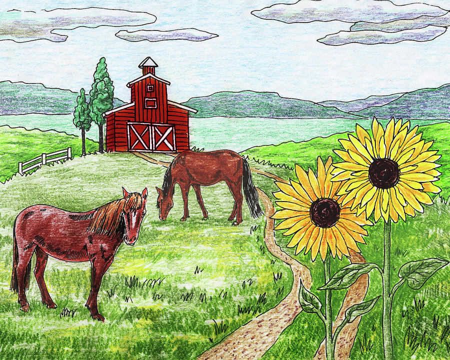 Ranch Horses Red Barn Sunflowers Painting by Irina Sztukowski