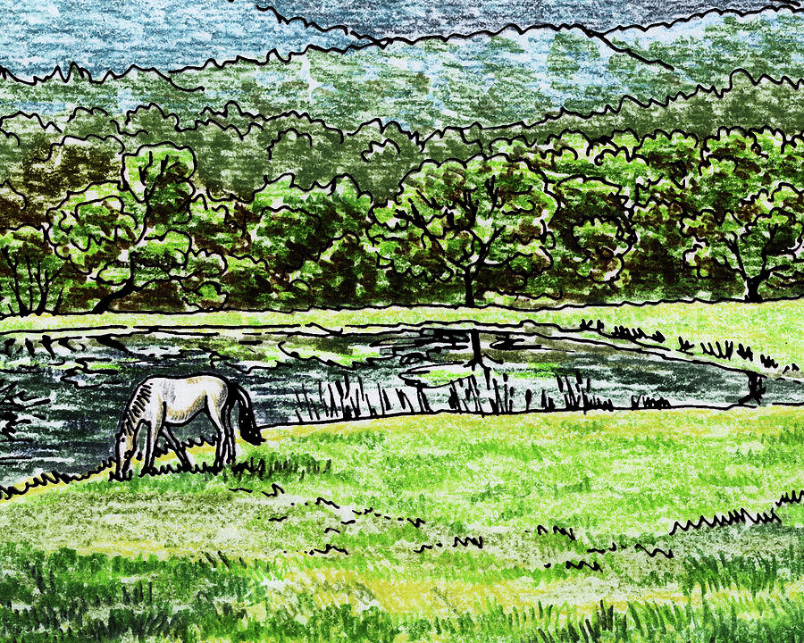 Ranch Pond And Grazing Horse Painting by Irina Sztukowski