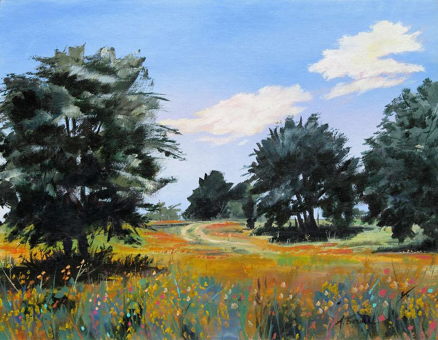 Ranch Road Near Bandera Texas Painting by Adele Bower
