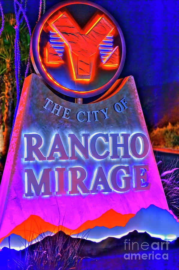 Rancho Mirage City Marker Lit at Night Photograph by David Zanzinger