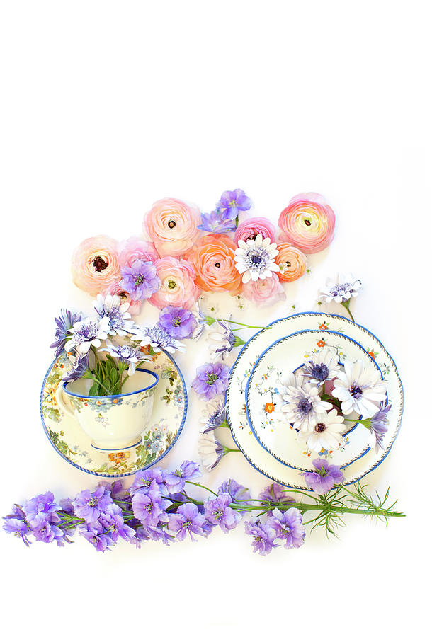 Ranunculus and Daisies with Vintage Tea Cups Photograph by Susan Gary