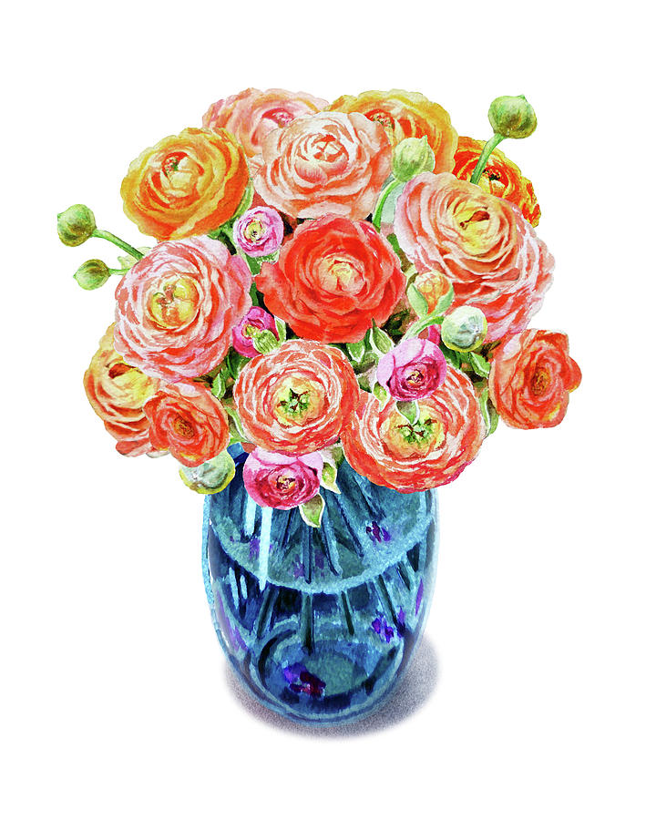 Ranunculus Bouquet Blue Vase Watercolor Painting by Irina Sztukowski