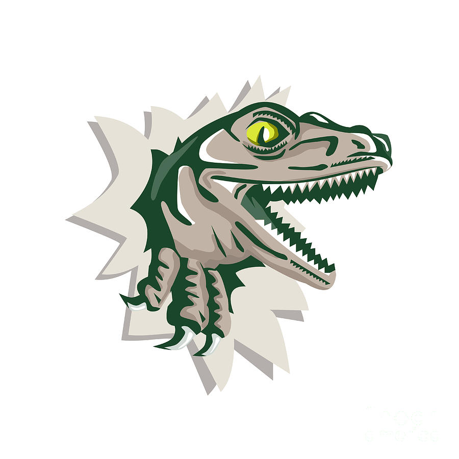 Dinosaur Digital Art - Raptor Head Breaking Out Wall Retro by Aloysius Patrimonio
