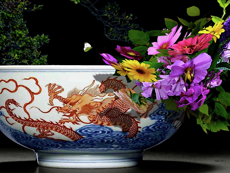 Steve Mcqueen Mixed Media - Rare iron red decorative blue Chinese dragon bowl, floral and butterfly by Thomas Pollart