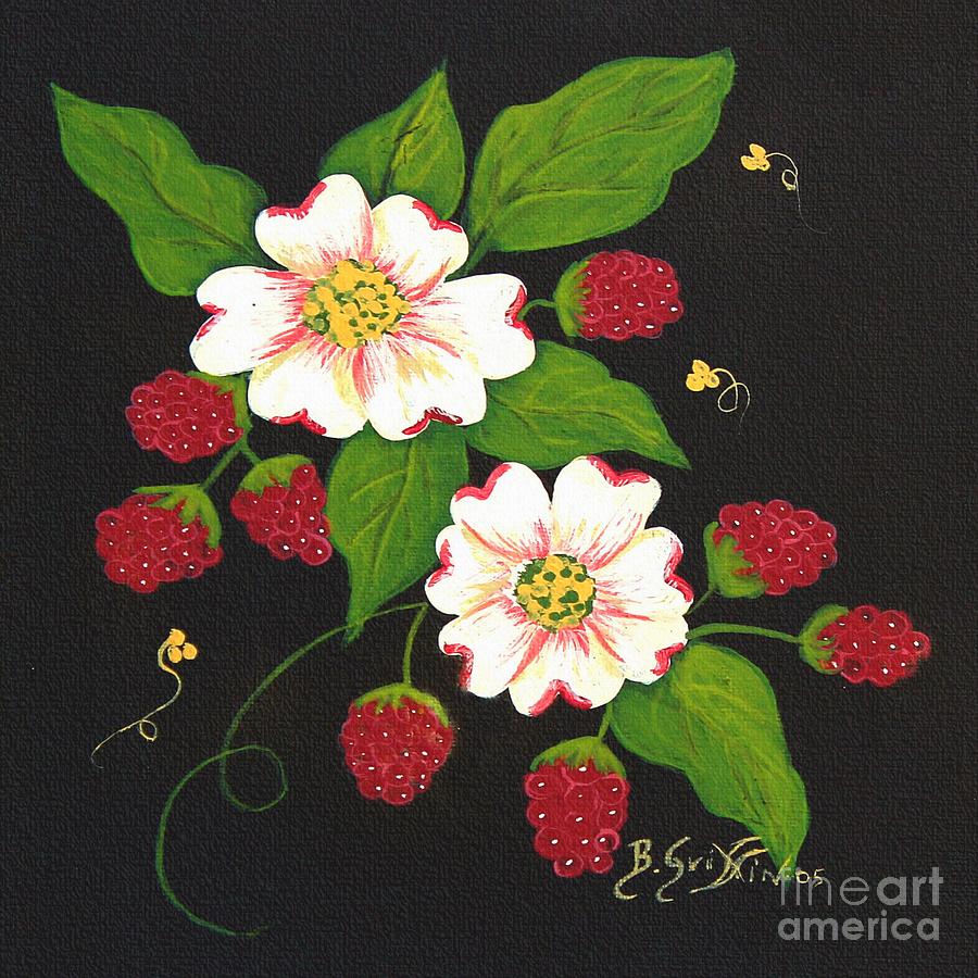 Raspberries and Dogwood Flowers Painting by Barbara A Griffin