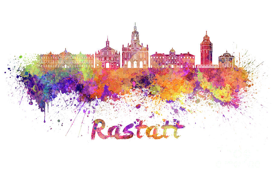 Rastatt skyline in watercolor splatters with clipping path Painting by Pablo Romero