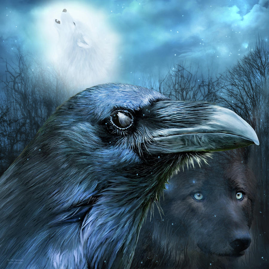 Raven and Wolf - In The Moonlight Mixed Media by Carol Cavalaris
