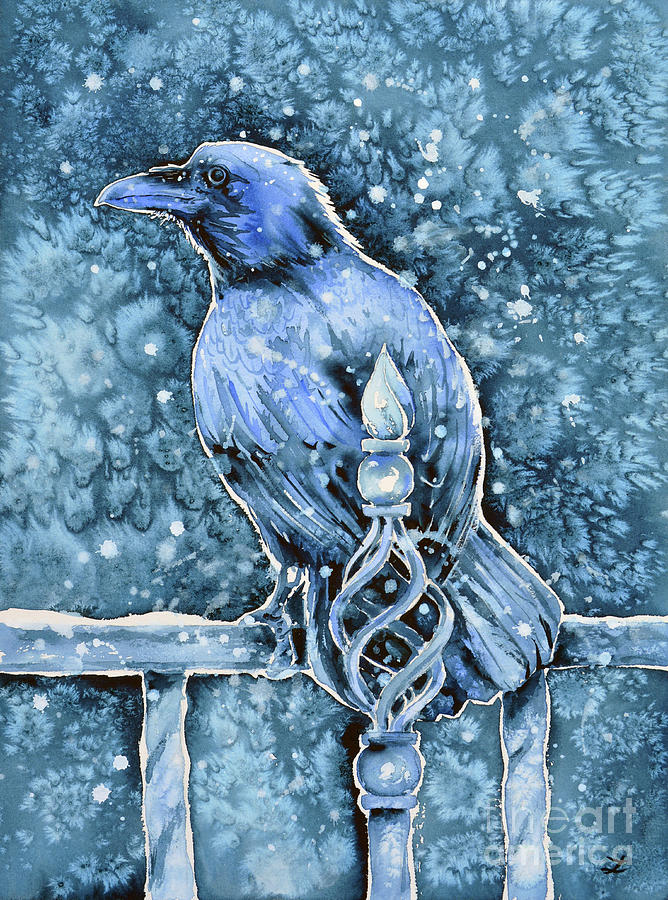 Raven on Railing Painting by Zaira Dzhaubaeva