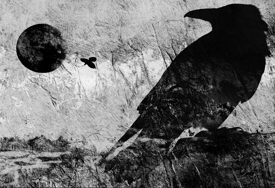 Raven Watching black and white Digital Art by Sandra Selle Rodriguez