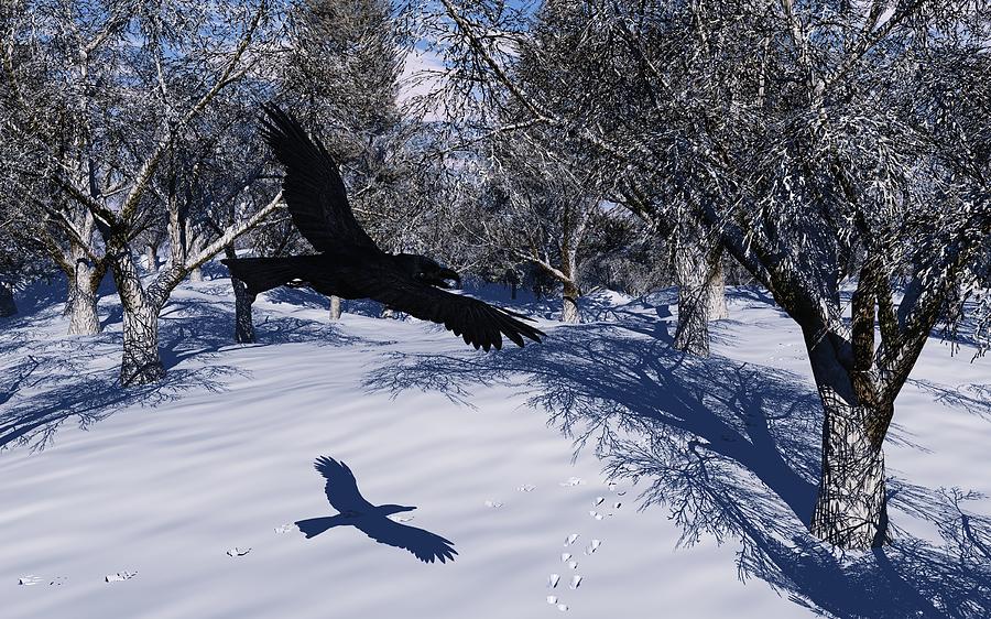 Winter Painting - Raven Tracking by Diana Morningstar