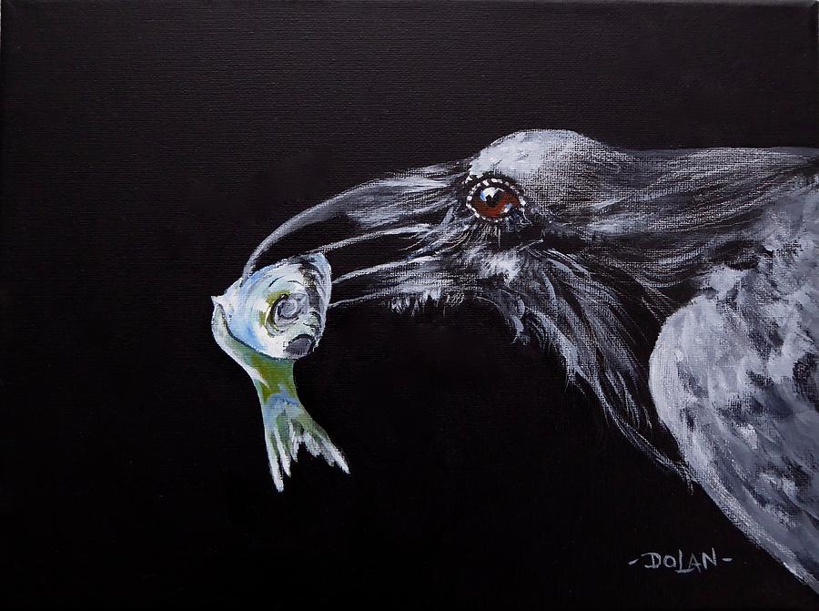 Raven with Fish Painting by Pat Dolan