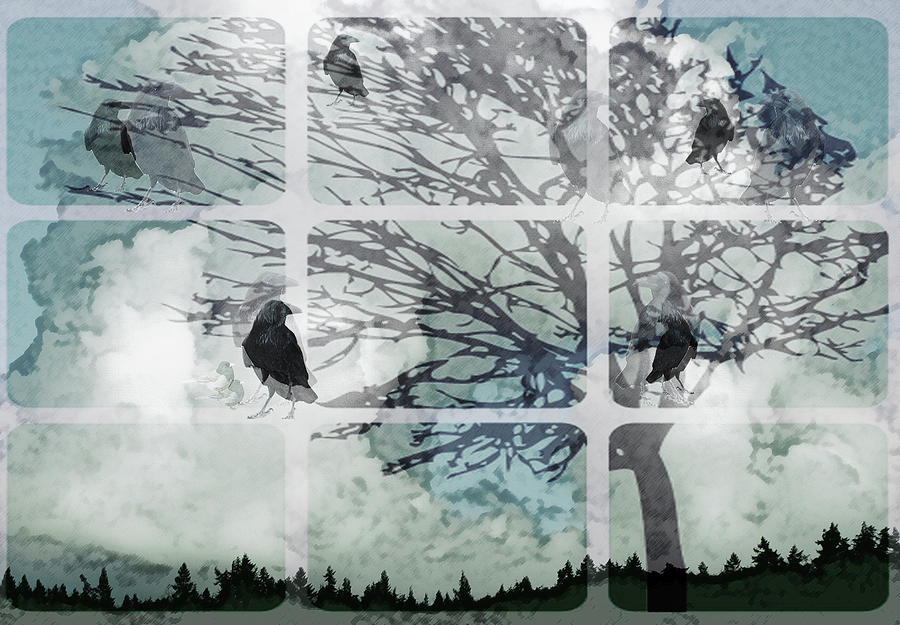 Raven Digital Art - Ravens Circling Tree by Lea Cox