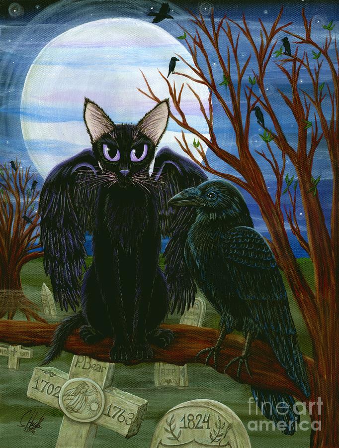 Black Cat Painting - Ravens Moon Black Cat Crow by Carrie Hawks.