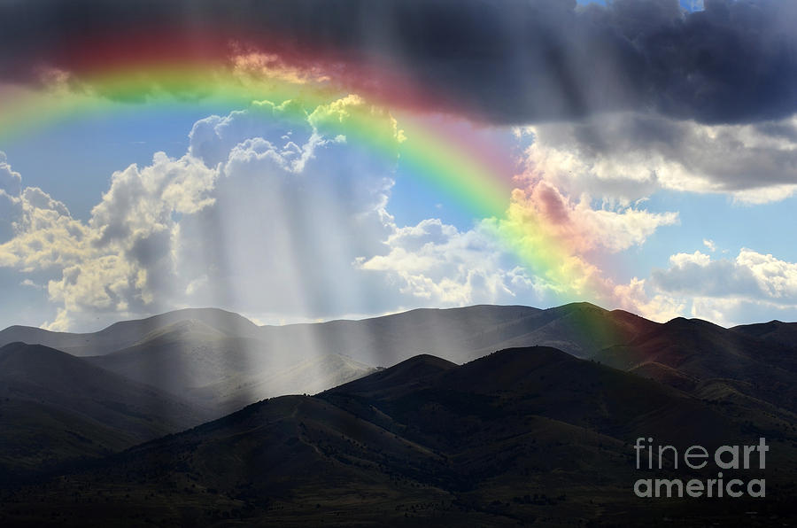 Rays of Sunlight on Peaceful Mountains and Rainbow Photograph by Lane Erickson
