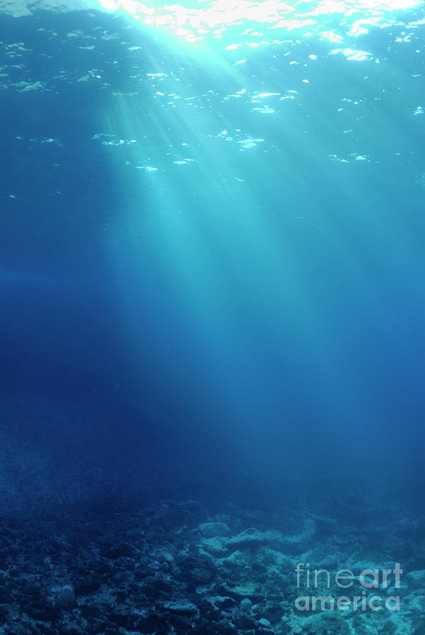Rays of sunlight underwater with sandy seabed Mediterranean sea