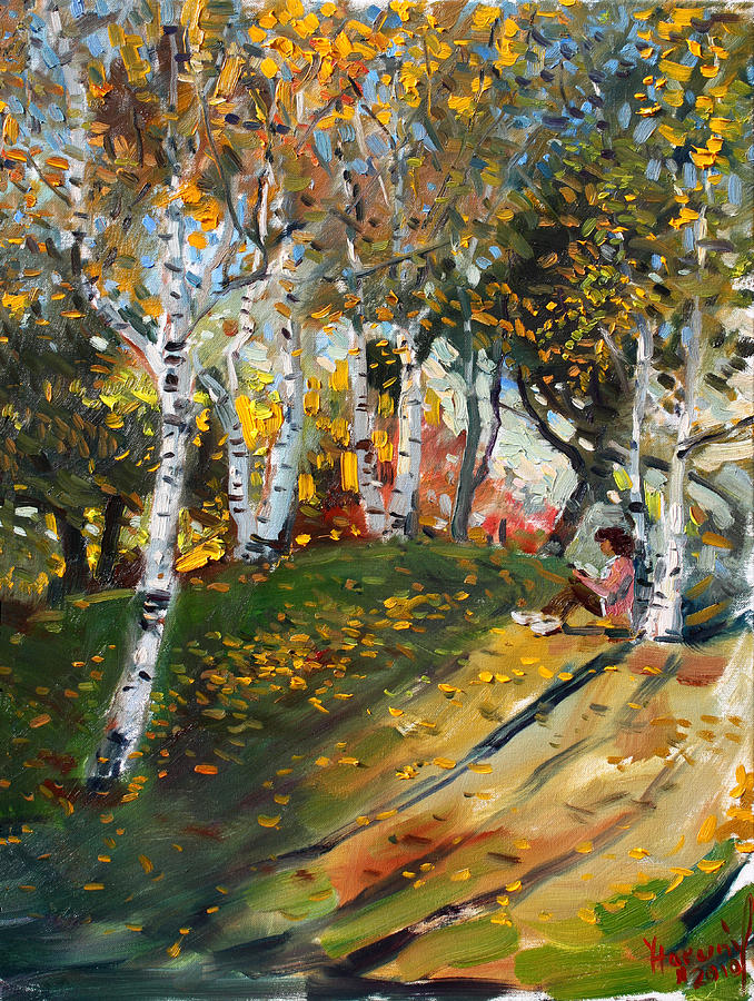 Fall Painting - Reading in the Park  by Ylli Haruni