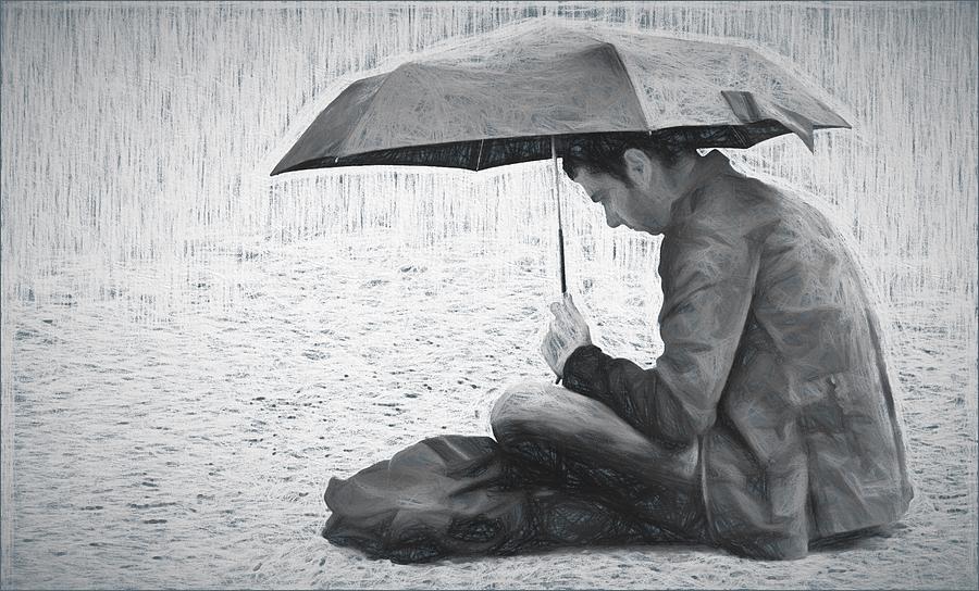 Black And White Photograph - Reading in the Rain - Umbrella by Nikolyn McDonald