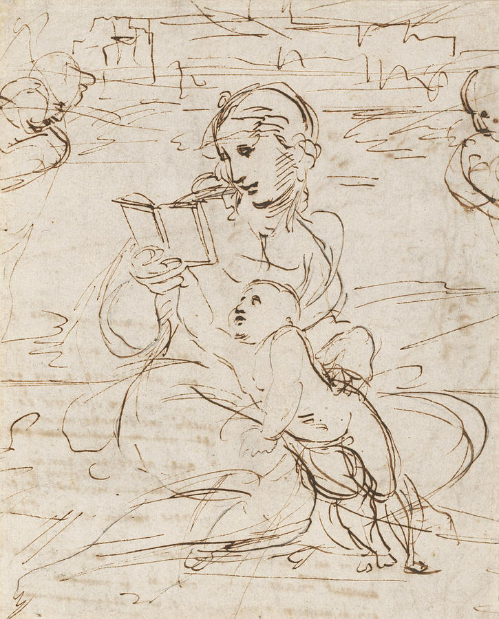 Reading Madonna and Child in a Landscape betweem two Cherub Heads Drawing by Raphael