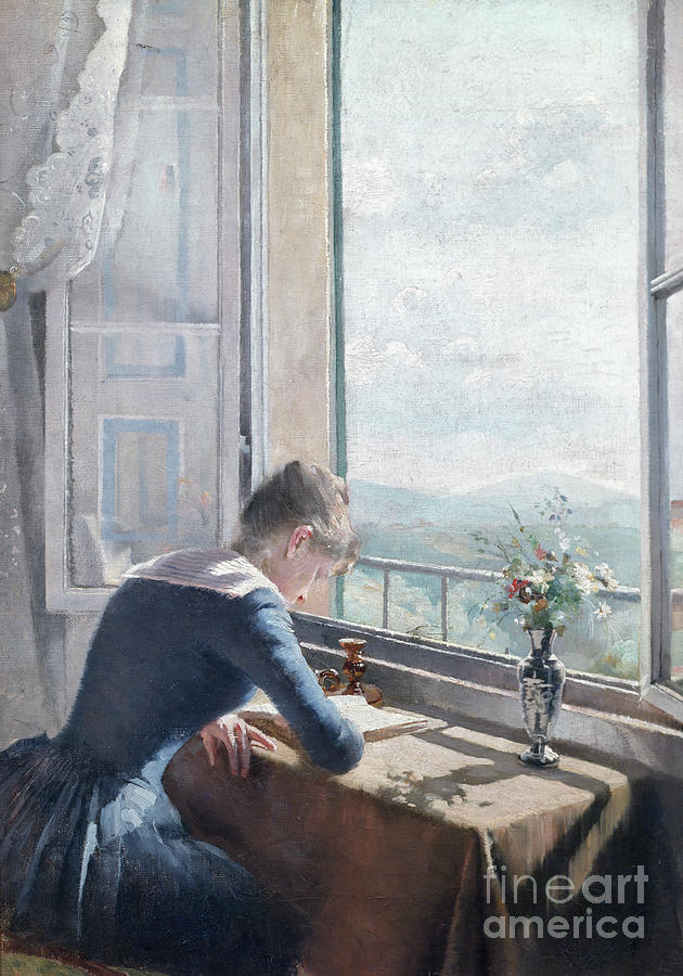 Reading woman by the window Pastel by Asta Noerregaard
