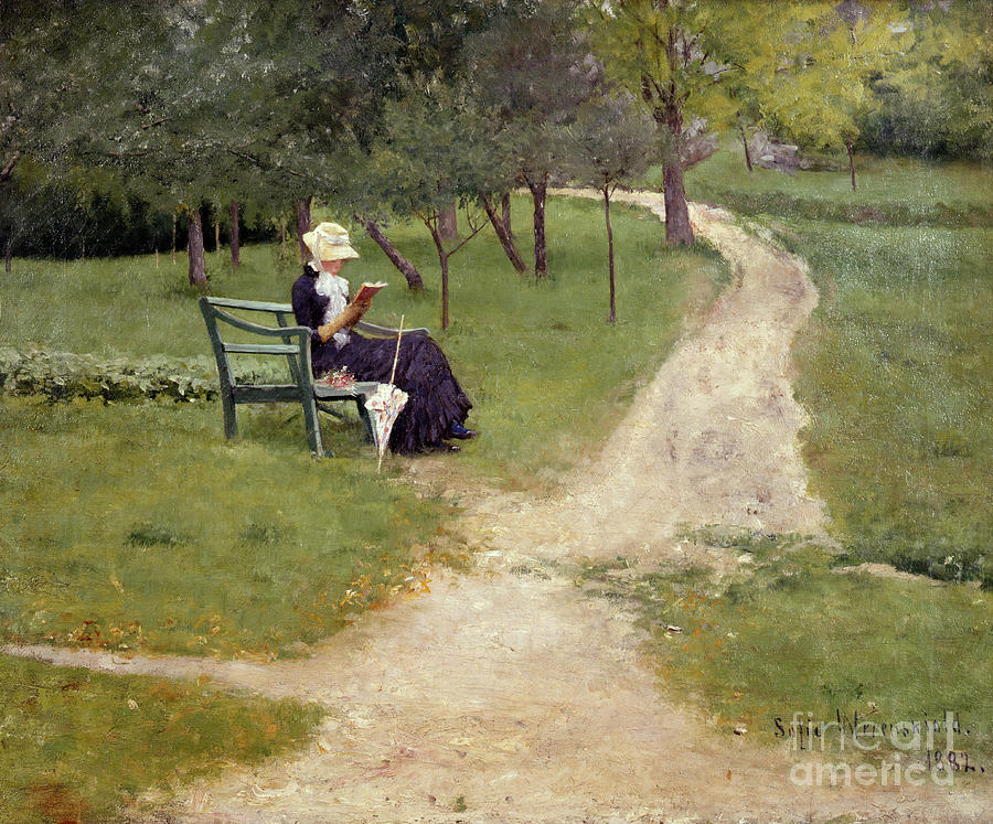 Reading woman on a garden bench Painting by Sophie Werenskiold