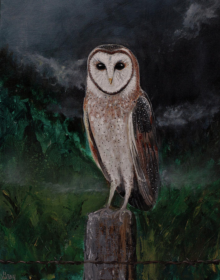 Barn Owl Painting - Realsim Barn Owl Painting with Mountain Landscape by Gray Artus