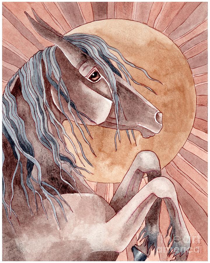 Horse Painting - Rearing Bay Over Abstract Moon by Suzanne Joyner