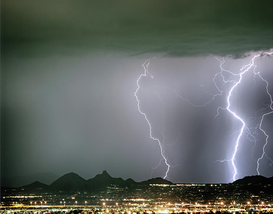 Reata Pass City Lights Lightning Strikes Photograph