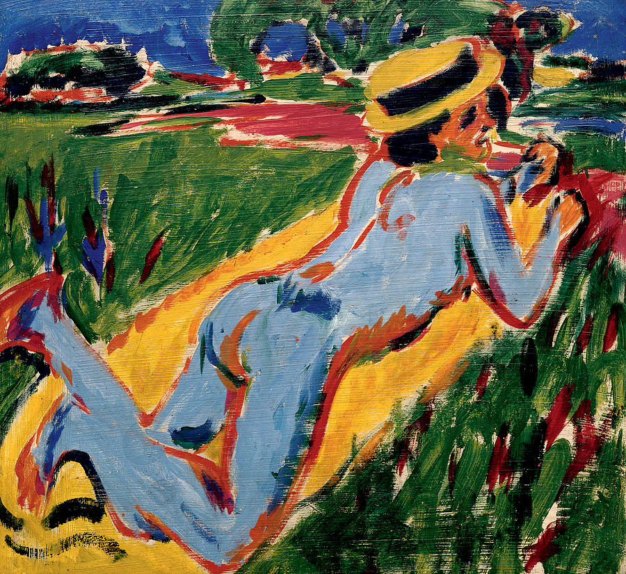 Reclining Blue Nude with Straw Hat Painting by Ernst Ludwig Kirchner