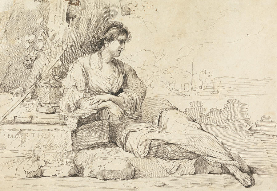 Reclining Female Figure in an Italian Landscape Drawing by John Hamilton Mortimer