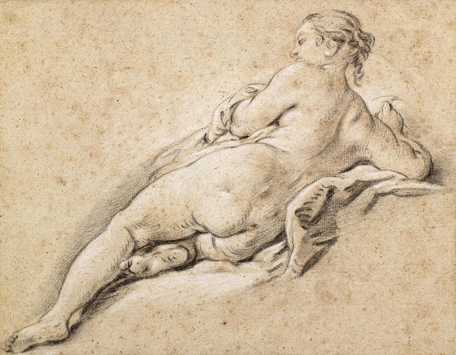 Reclining Female Nude Drawing by Attributed to Francois Boucher