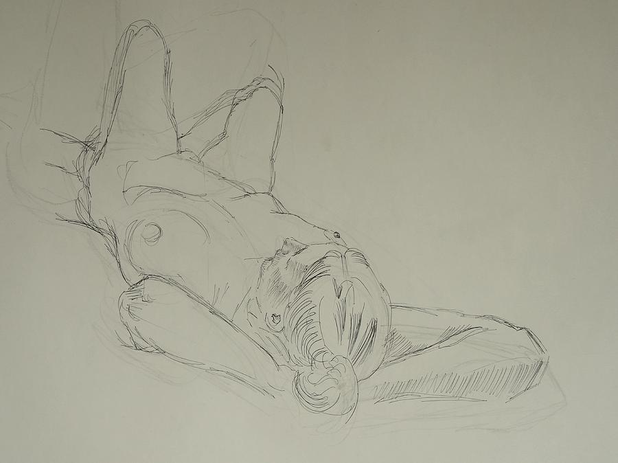 Reclining Female Nude Drawn In Biro Drawing by Mike Jory