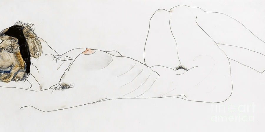 Nude Drawing - Reclining female nude by Egon Schiele