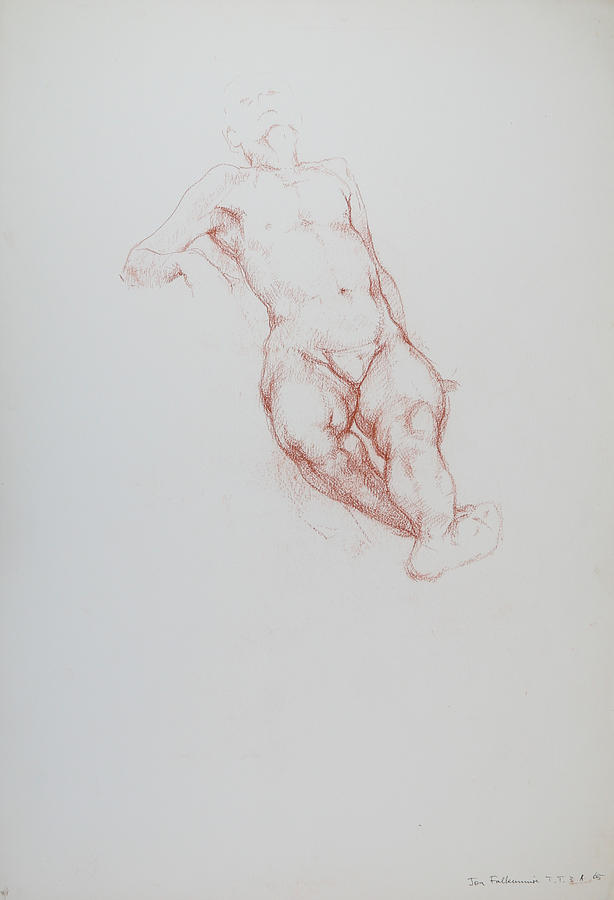 Reclining male, leaning back on right arm, left leg extended and foreshortened, student work. Drawing by Jon Falkenmire