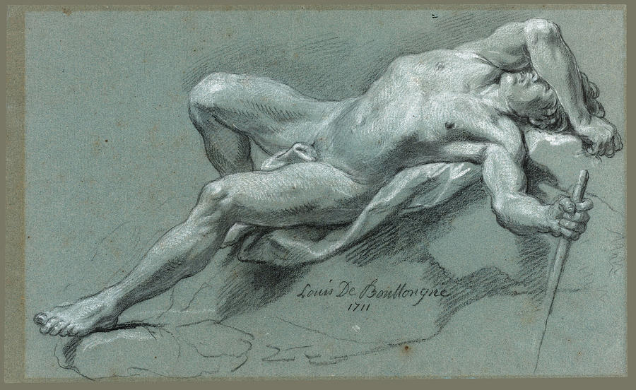 Reclining Male Nude Drawing by Louis de Boullogne the Younger