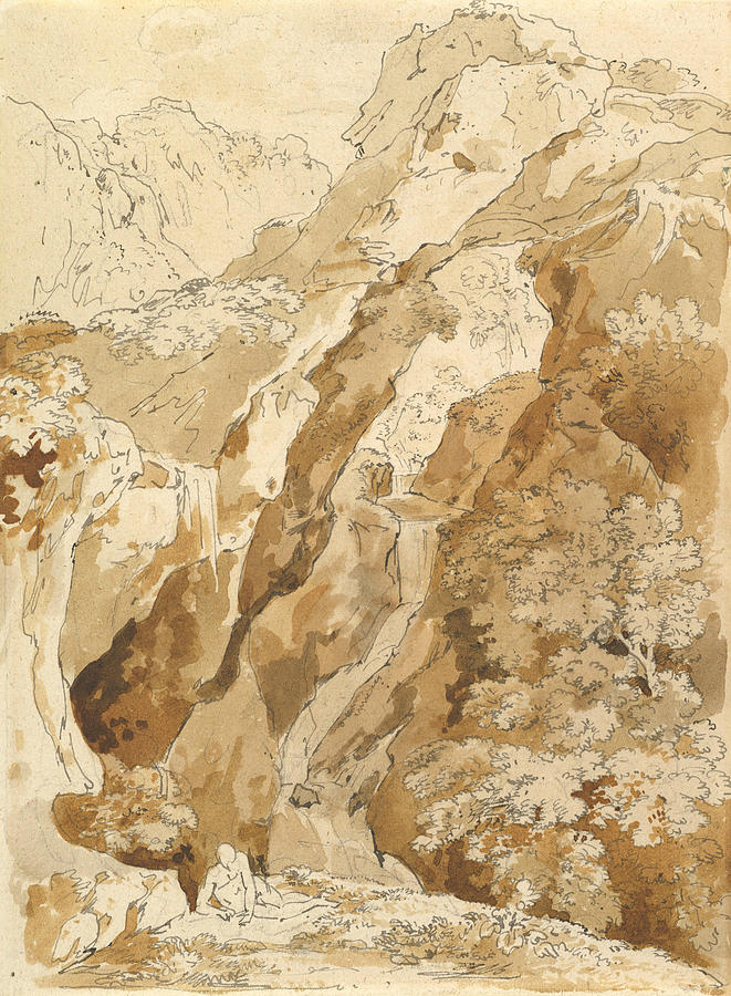 Reclining Man in a Mountainous Landscape with Waterfalls Drawing by Johann Georg von Dillis